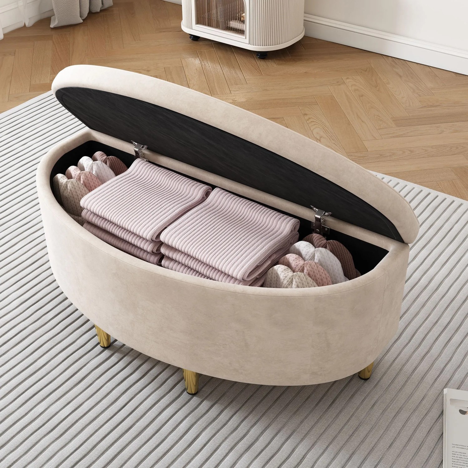 Merax Polsterbank Mit Stauraum Samt Metallbeine 90x40x42 Beige