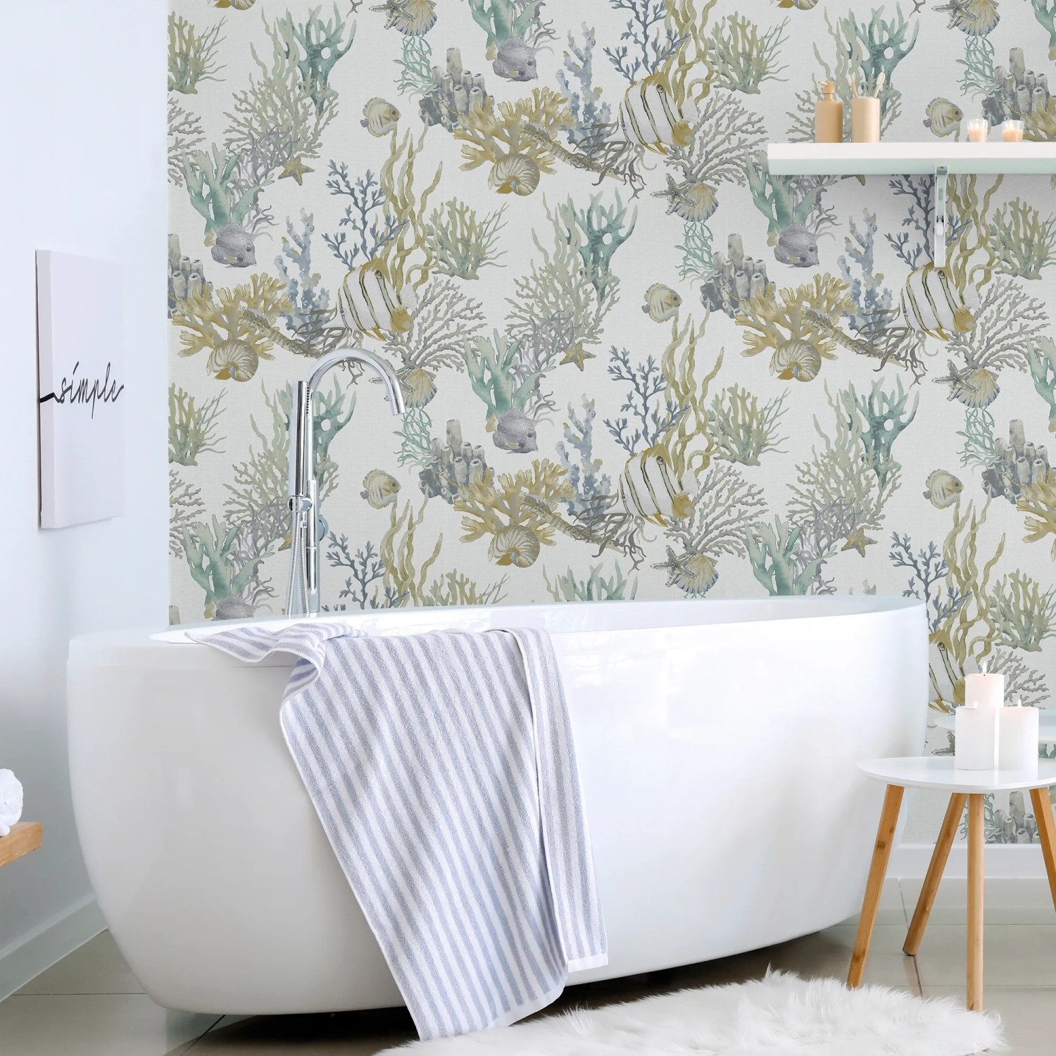 Sanders & Sanders Tapete Unterwasserwelt Graublau im Badezimmer.