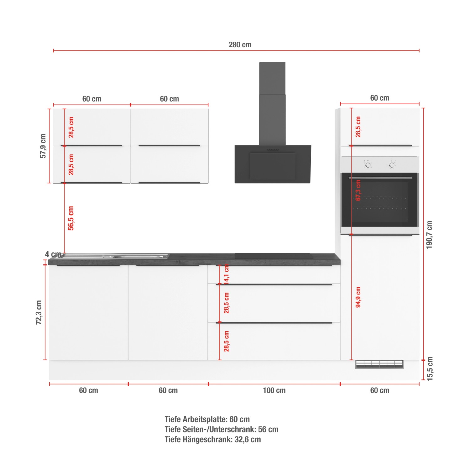Küchenzeile IBZ4280U6 von Impuls Küchen, 280 cm, Weiß, ohne E-Geräte, mit Maßangaben.