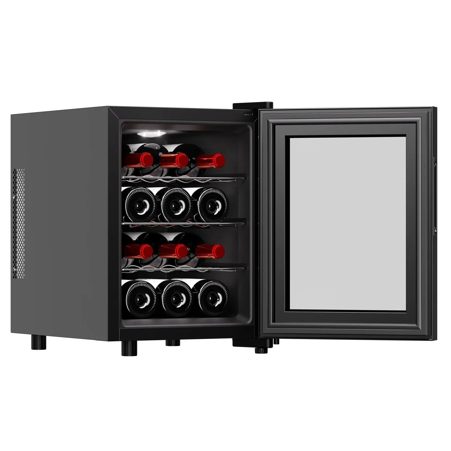 TroniTechnik Weinkühlschrank Bordeaux für 12 Flaschen, offene Tür, Innenbeleuchtung.