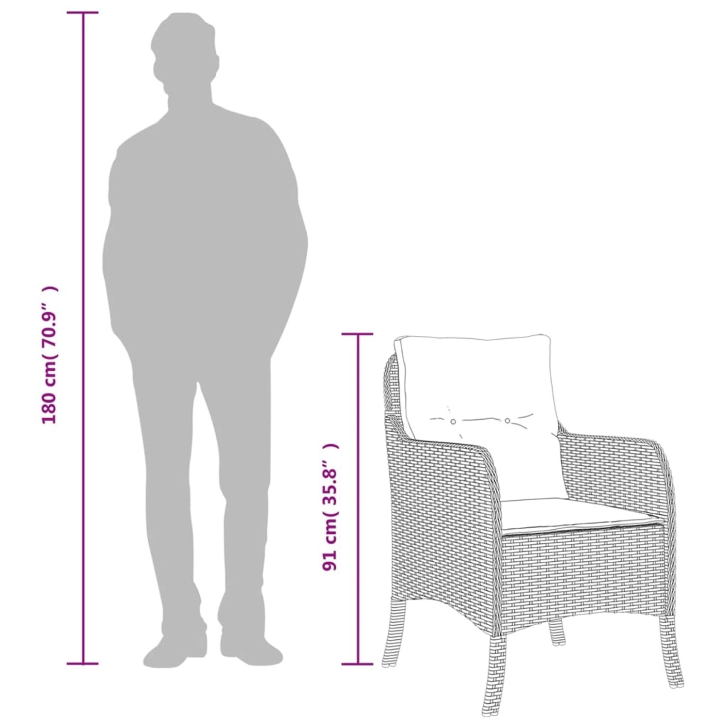 Skizze eines schwarzen Rattan Gartenstuhls mit Kissen, Teil einer 9-teiligen Essgruppe von vidaXL.