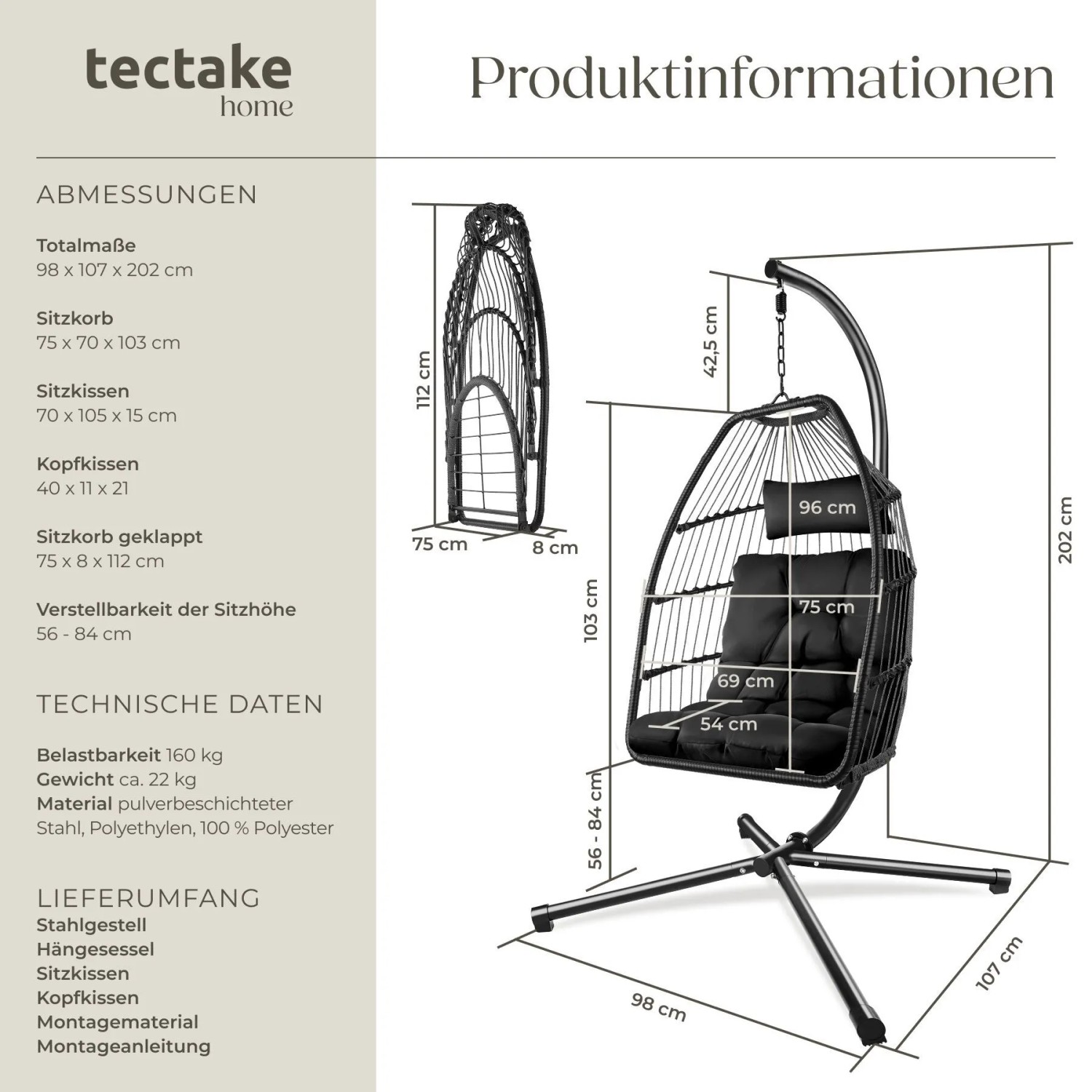 Tectake Hängesessel Mit Gestell Ariane Mit Extra Dickem Sitz  und Kopfkissen Stabil  Bodenschonend und Faltbar  107 x 98 x 202 cm Schwarz_6