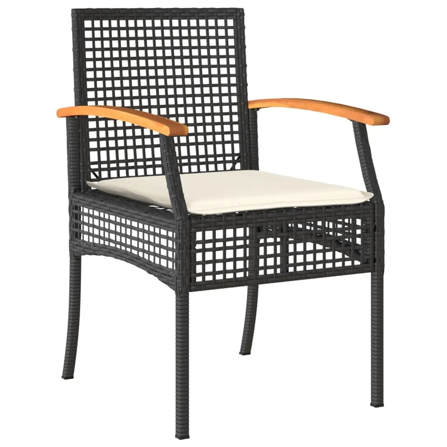 Schwarzer Gartenstuhl aus Polyrattan mit cremefarbenem Kissen und Holzarmlehnen.