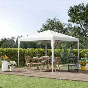 Weißer Outsunny Pavillon (270x270x254 cm) mit Stahlgestell und PE-Dach im Garten.