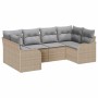 Beiges 6-teiliges vidaXL Garten-Sofa-Set aus Poly Rattan mit grauen Kissen.