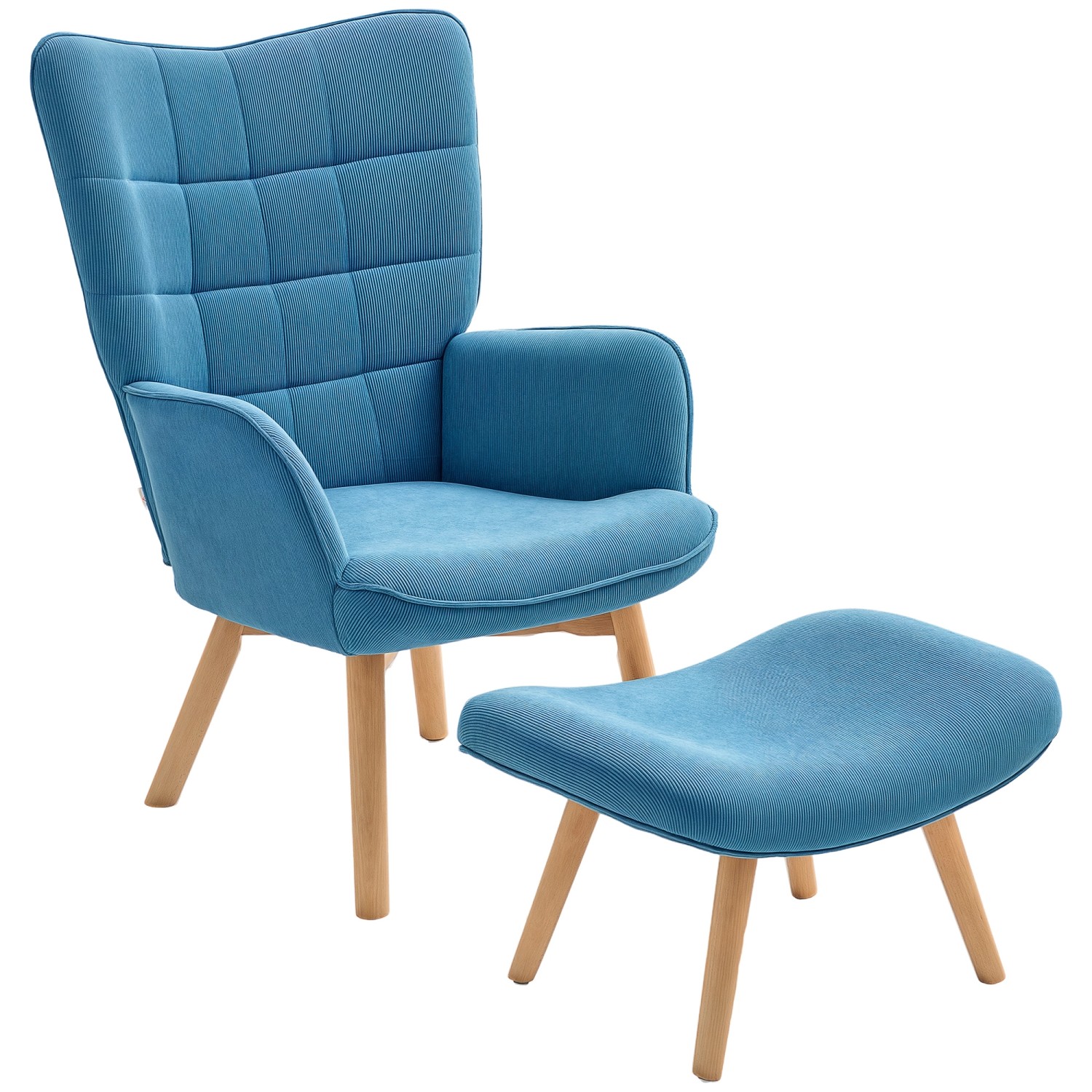 HOMCOM Ohrensessel mit Hocker für Wohnzimmer Kord Blau 72L x 80B x 101H cm