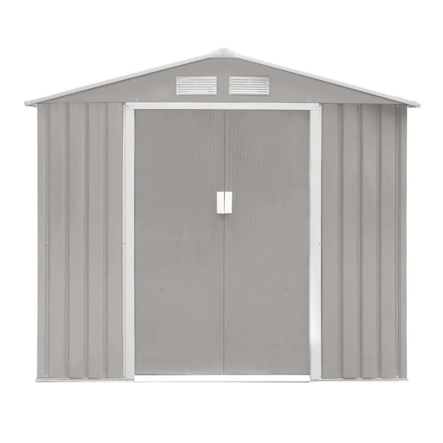 Hattoro S100 Metall Gerätehaus XL in Hellgrau mit Satteldach, Doppelschiebetüren und Lüftungsgittern.