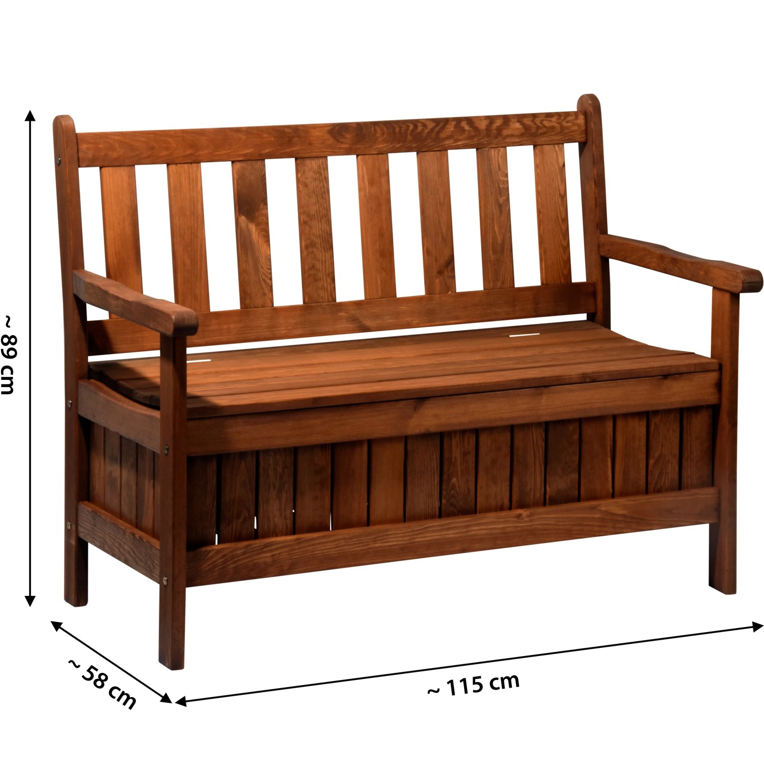 Gartenbank 2-Sitzer aus geöltem Kiefernholz mit Stauraum, braun, 89x115x58 cm, FSC®-zertifiziert.