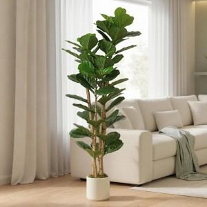 Große HOMCOM Kunstpflanze Geigenfeige, 180 cm, mit grünen Blättern im weißen Topf, im Wohnzimmer.