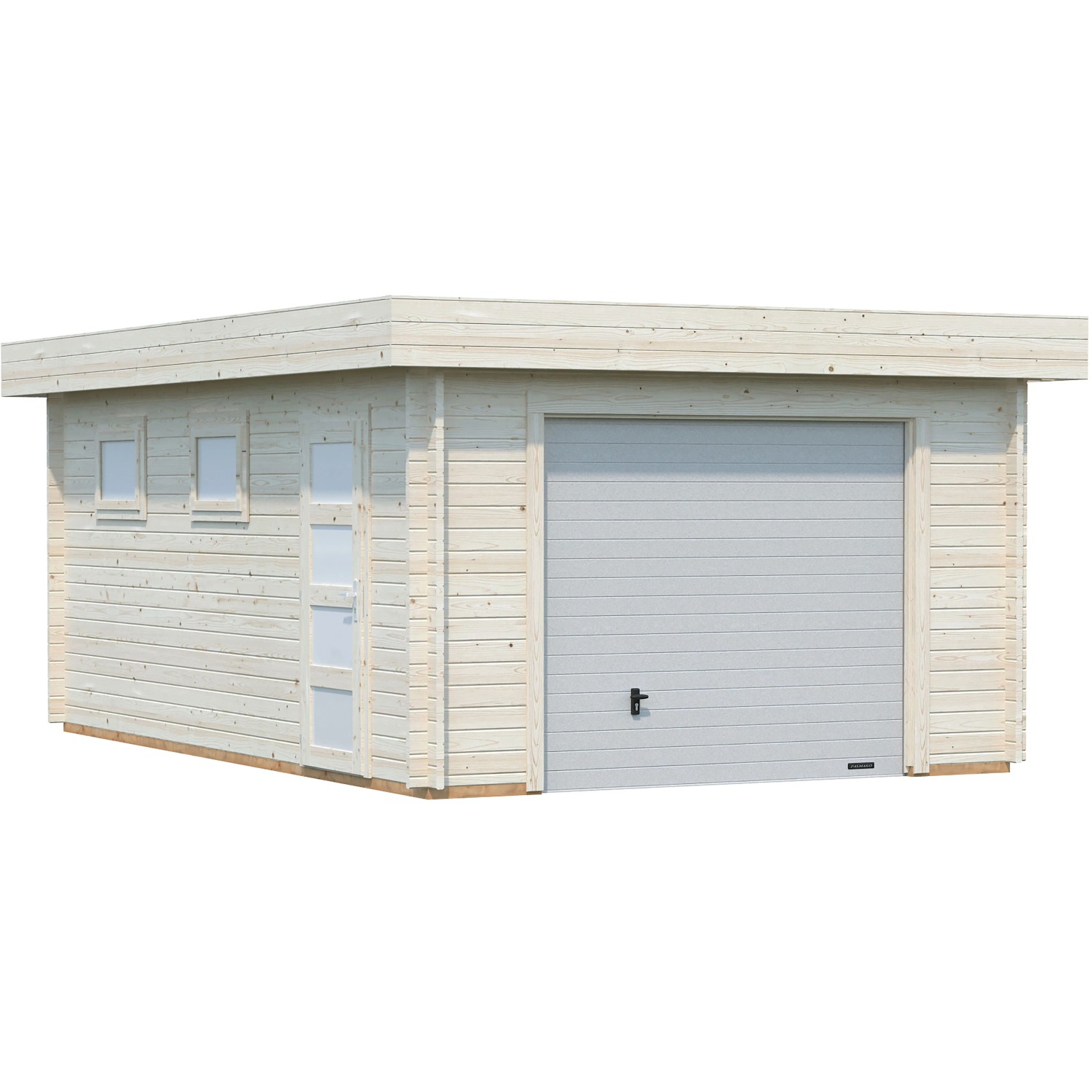Palmako Holzgarage Rasmus mit Sektionaltor, naturbelassen, mit Fenster und Tür.
