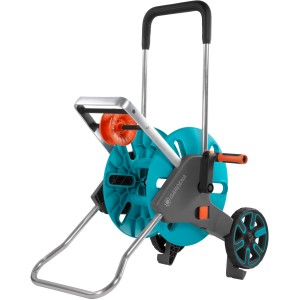 Gardena CleverRoll M Easy Schlauchwagen, blau-grau, mit Rädern und Kurbel.