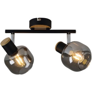 Näve Deckenleuchte Fumoso mit 2 Spots, Glas grau getönt, schwarz/natur, für E14 Leuchtmittel.