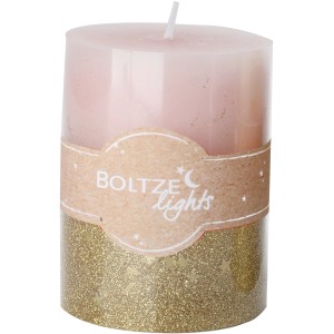 Rosa Boltze Stumpenkerze Praga mit goldenem Glitzer für weihnachtliche Deko.