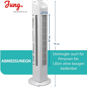 Weißer JUNG Turmventilator TV01, 76cm hoch, mit schlankem Design und detaillierten Abmessungen. Ideal als Standventilator.