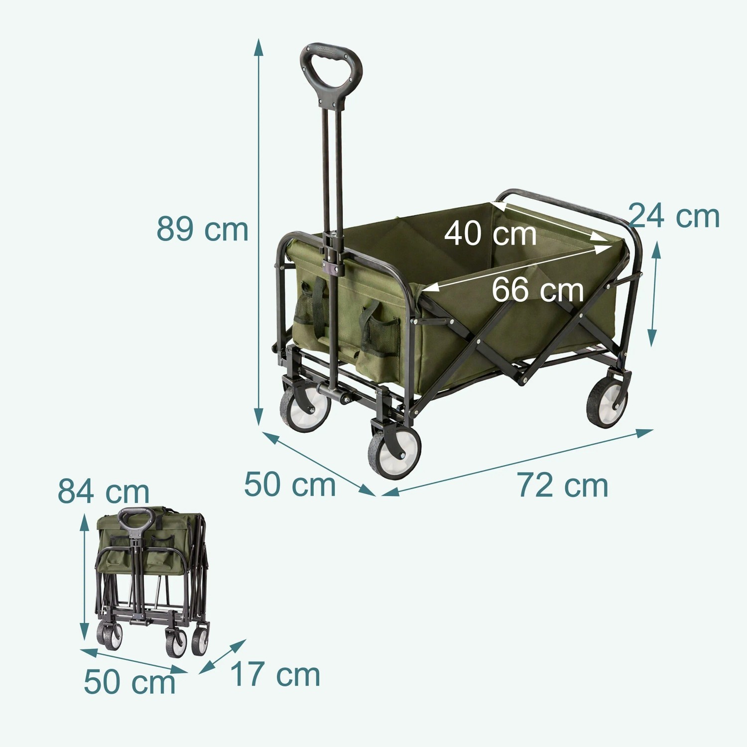 Grüner faltbarer Bollerwagen aus Stahl mit Teleskopgriff, ausgeklappt und gefaltet. Ideal für Camping & Transport.