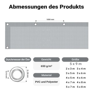 Infografik: Graue Wiltec Abdeckplane 5x9m mit Ösen. Details zu Material (Polyester/PVC), Gewicht (650g/m²) und Ösendurchmesser.