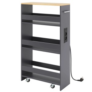 Grauer, schmaler Costway Nischenwagen mit 4 Etagen, Holzplatte, Rollen und integrierter Steckdosenleiste. Ideal für Küche & Büro.