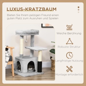 Grauer PawHut Kratzbaum mit Katzenhöhle, Liegeflächen und Spielball. Ideal zum Klettern und Krallenwetzen.