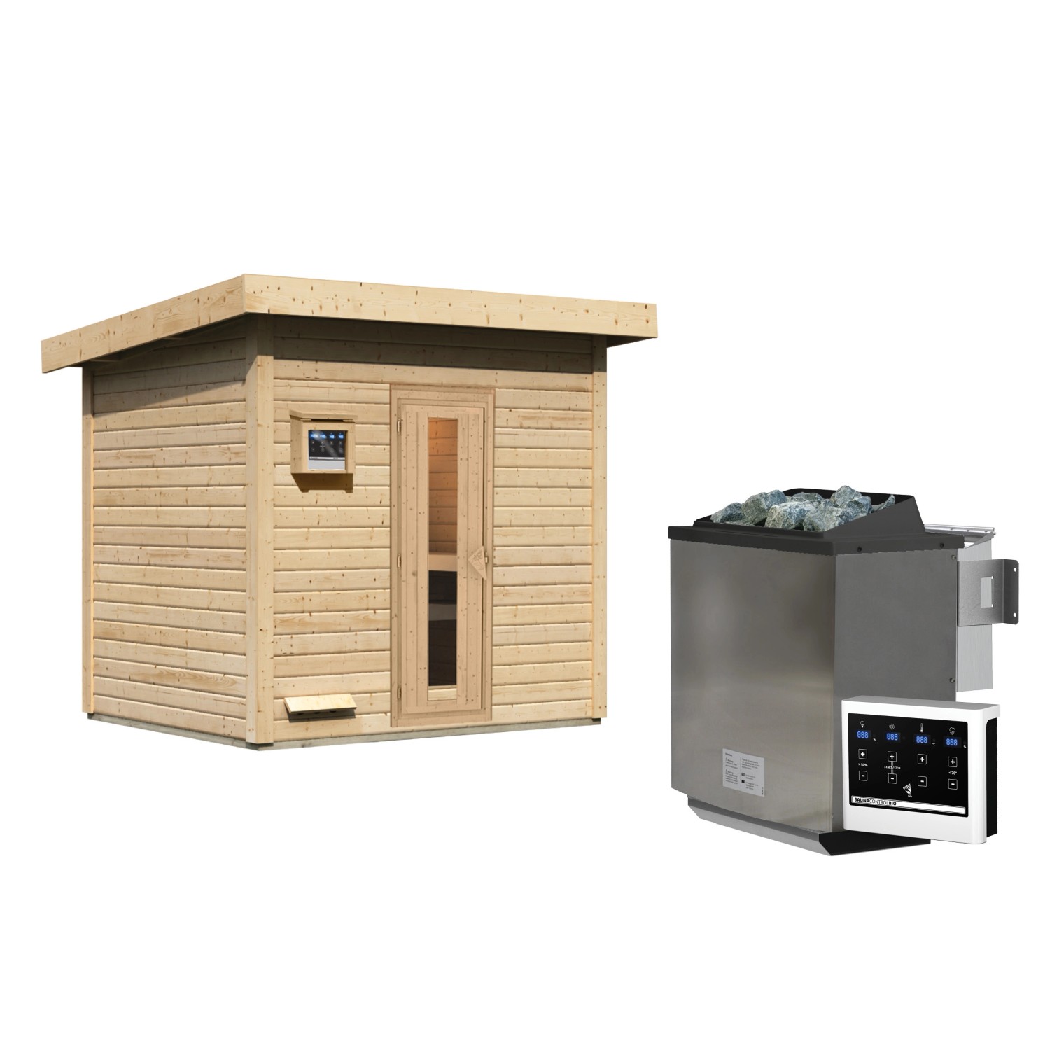 Karibu Saunahaus Arvi 3 Set mit Ofen und externer Steuerung, naturbelassen.