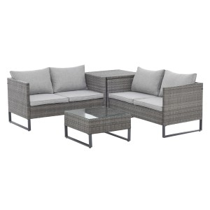 Svita Kansas Rattanlounge Gartenmöbel Set mit Sofa, Tisch und Kissenbox in Grau.