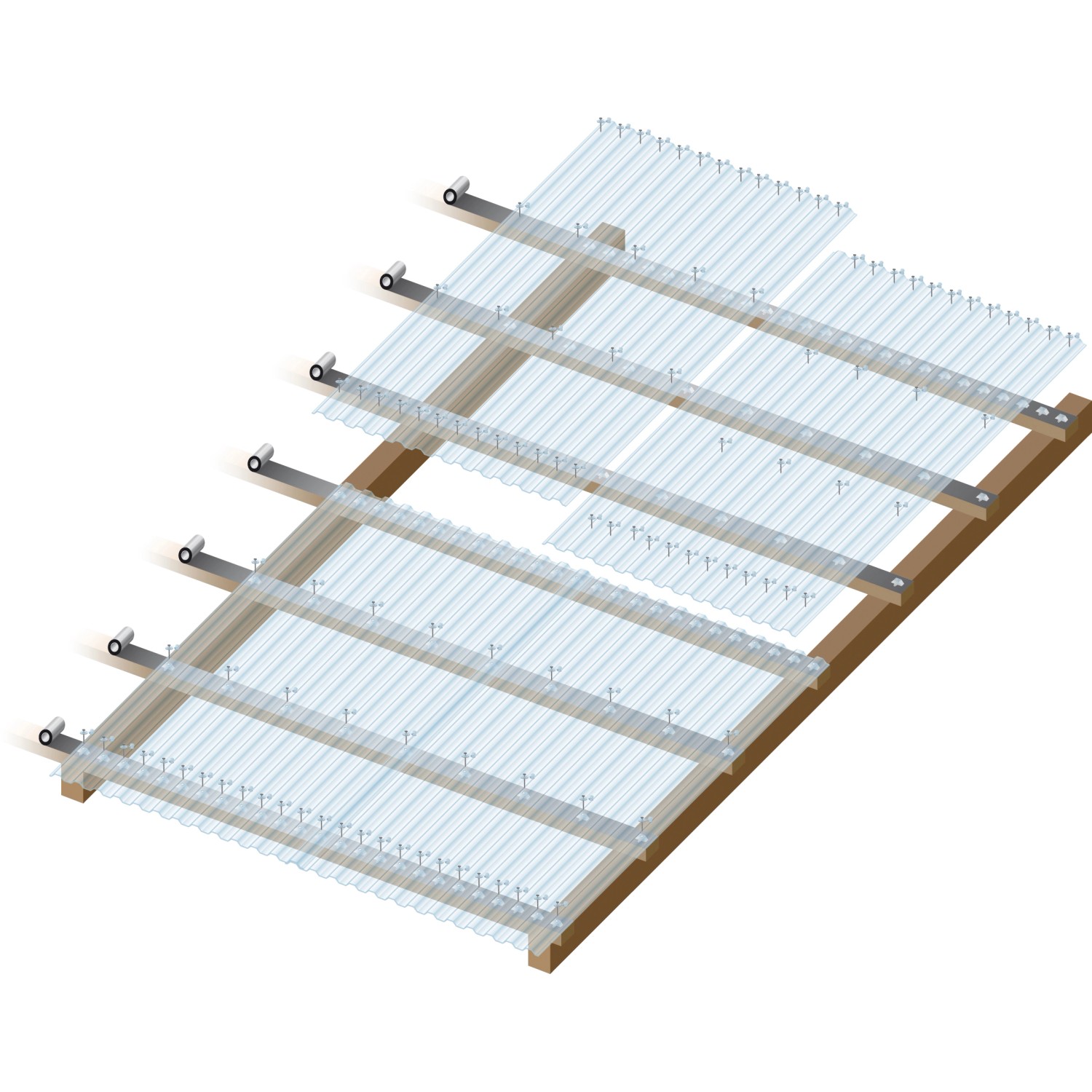 Transparente PVC-Trapezplatte 70/18 (3000x1090 mm) als Kunststoffbedachung auf einem Holzrahmen.