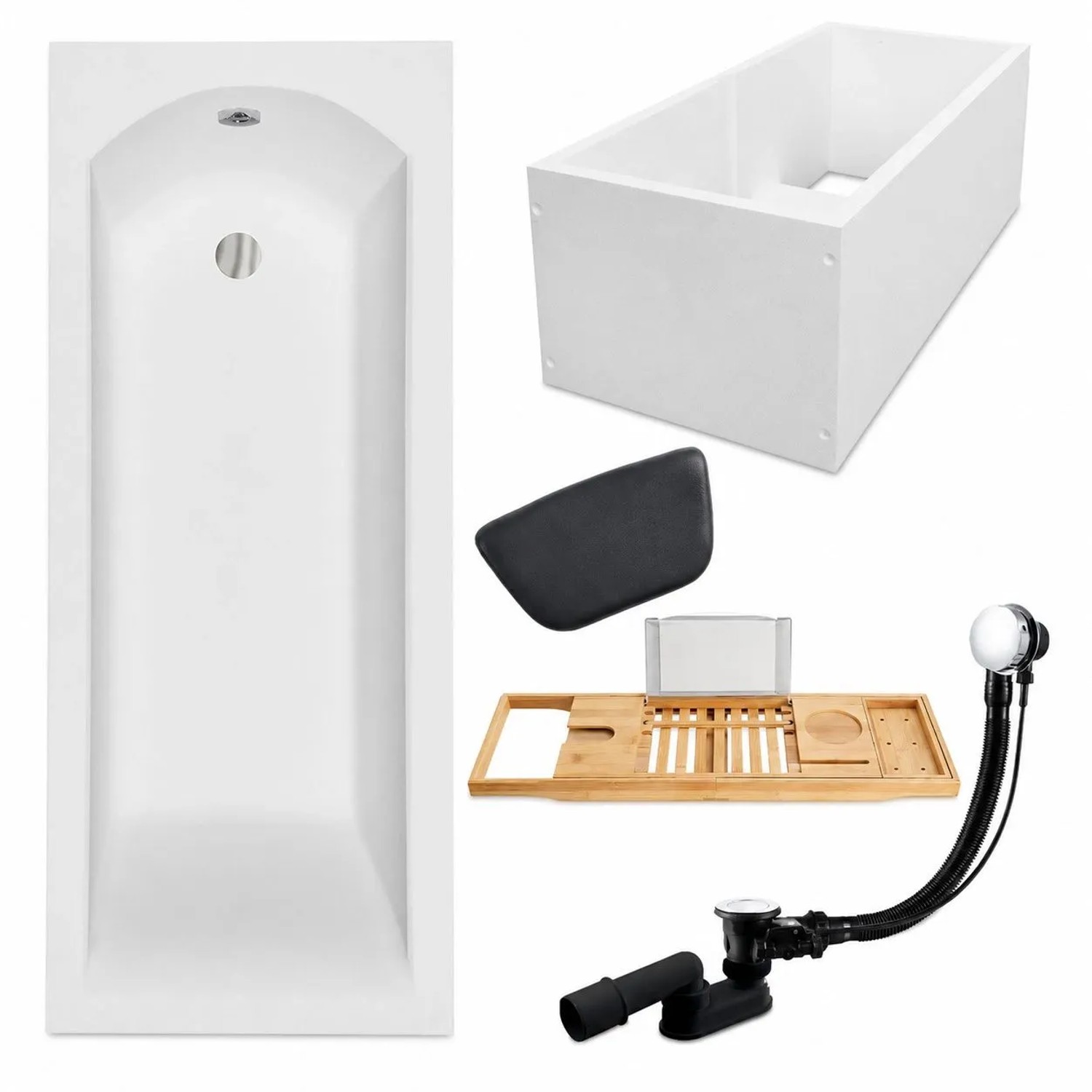 KOLMAN Badewanne Rechteck 150 x 70 Cm Mit Wannenträger Mit Bambus Badewannenablage Mit Kopfstütze KODI Inkl. Ablauf Und Füße