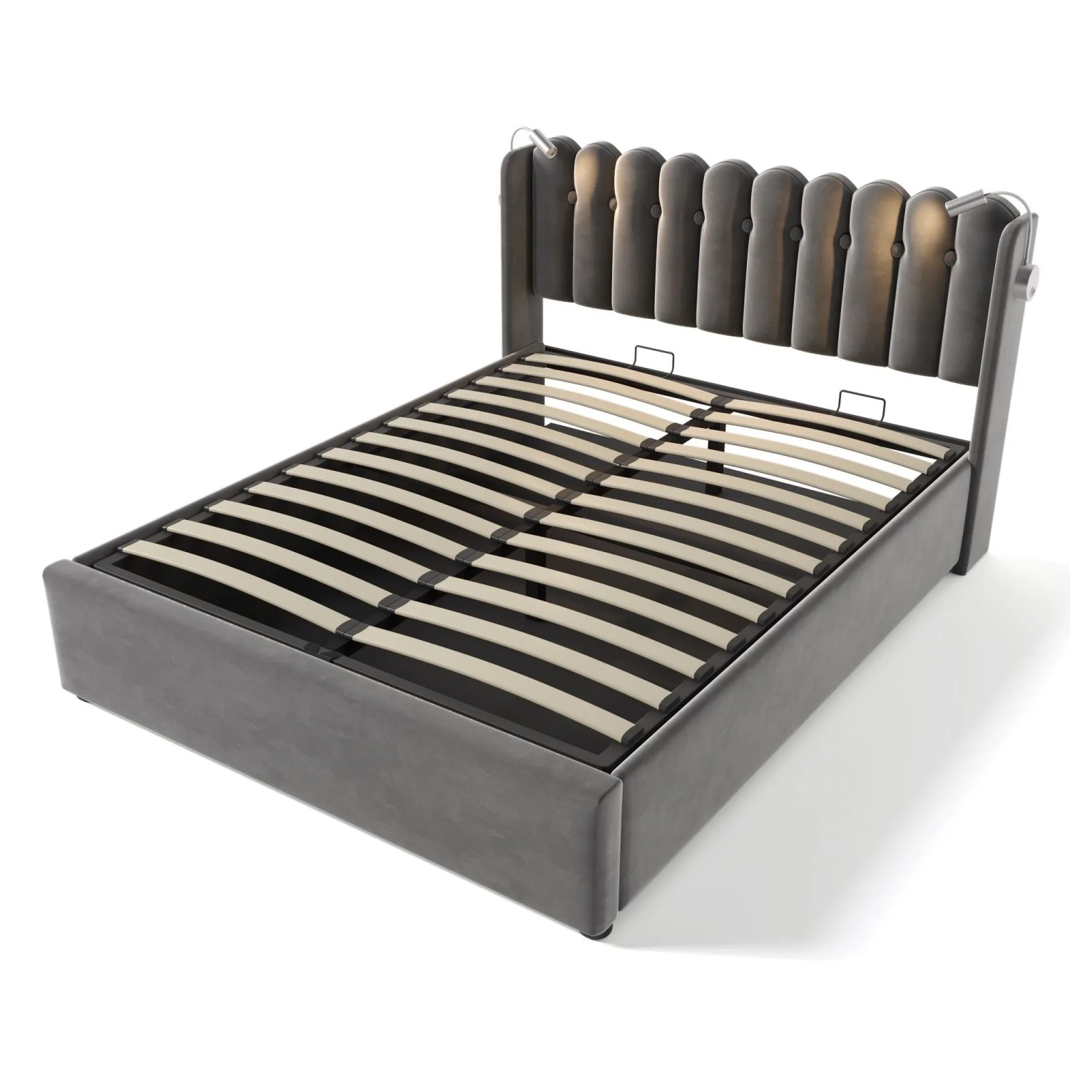 okwish Polsterbett 140x200cm mit Leselicht Stauraum Jugendzimmer Grau ohne Matratze
