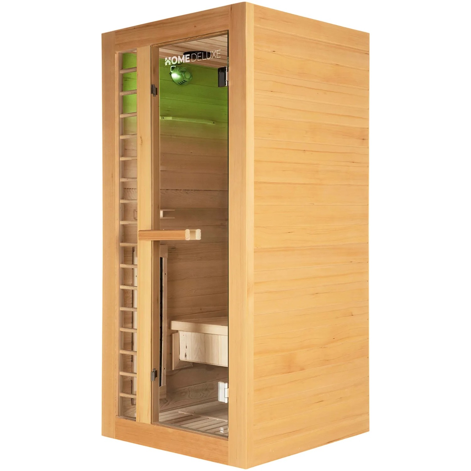 Redsun Deluxe Infrarotkabine aus Tannenholz, Natur, für 1 Person. Kompakte Sauna mit Glasfront.