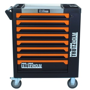 Bestückter, orangefarbener TRUTZHOLM Werkstattwagen mit 249 Teilen und 8 Schubladen.