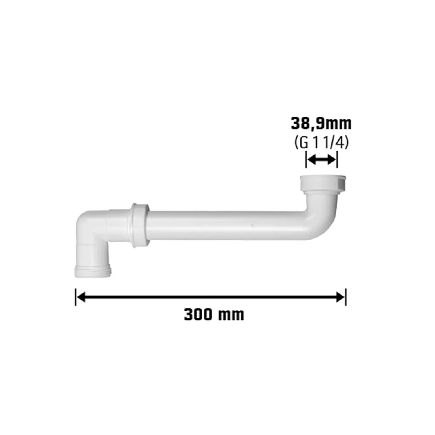 Weißer Waschtisch-Raumsparablaufbogen, 38,9 mm (G 1 1/4), Länge 30 cm, für platzsparende Montage.