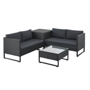 Schwarze Juskys Polyrattan Lounge Santorini mit Tisch und Auflagenbox für den Garten.