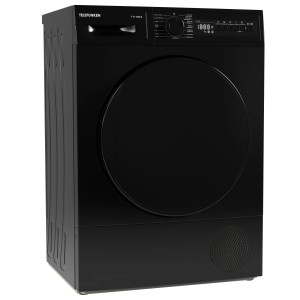 Schwarzer Telefunken Kondenstrockner T-11-400-B mit 7 kg Fassungsvermögen.