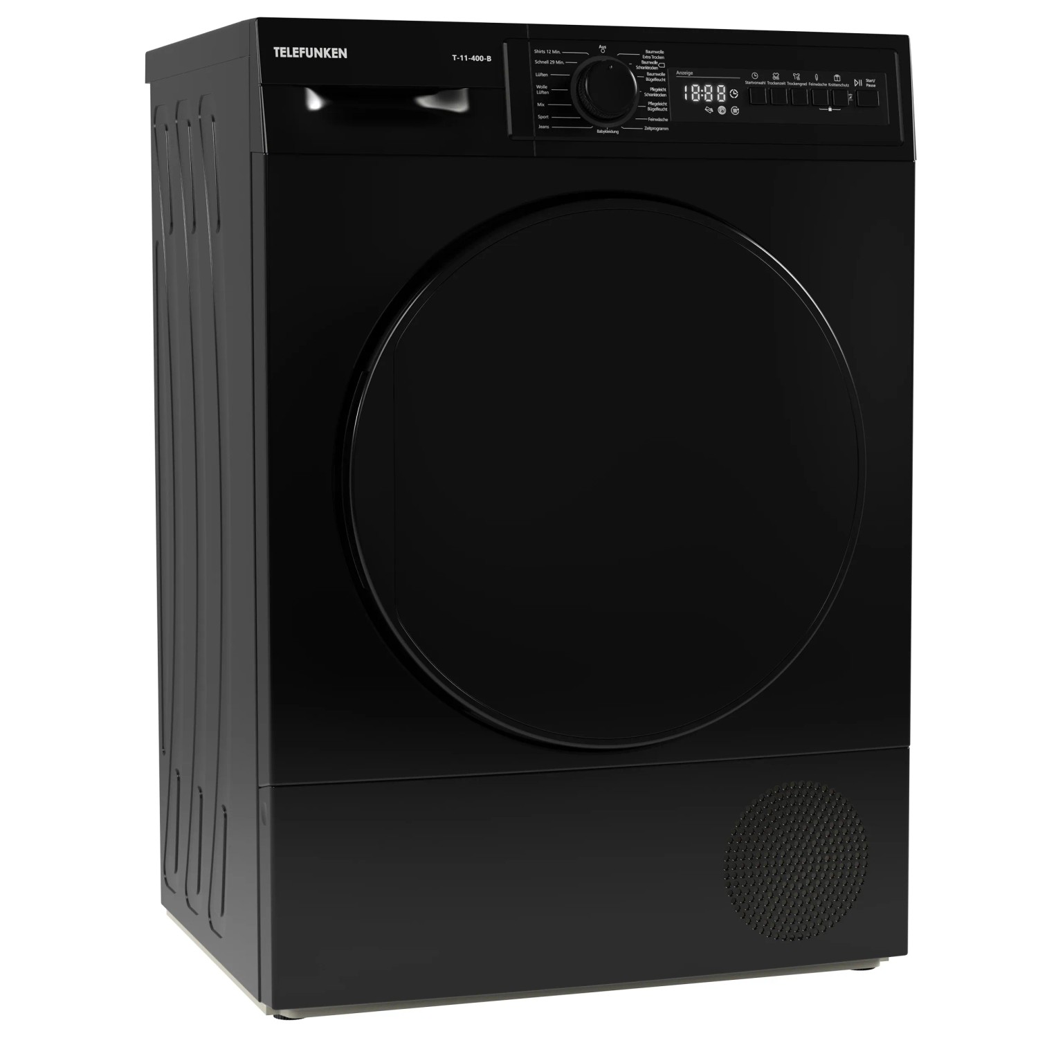 Schwarzer Telefunken Kondenstrockner T-11-400-B mit 7 kg Fassungsvermögen.