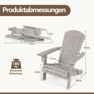 Grauer klappbarer Adirondack Stuhl aus Holz, offen und gefaltet, mit detaillierten Maßen und 180 kg Belastbarkeit. Gartenstuhl.