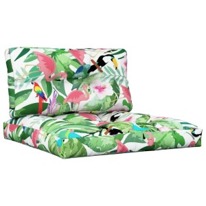 Mehrfarbiges Palettenkissen-Set mit Vogel- und Pflanzenmuster für Garten & Terrasse.
