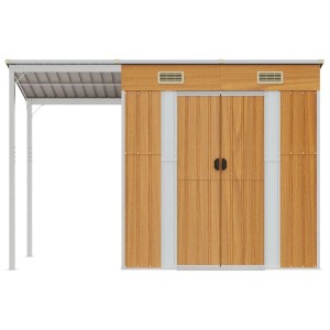 Hellbraunes vidaXL Gartenhaus mit Schleppdach aus Stahl, 277x110,5x181 cm.