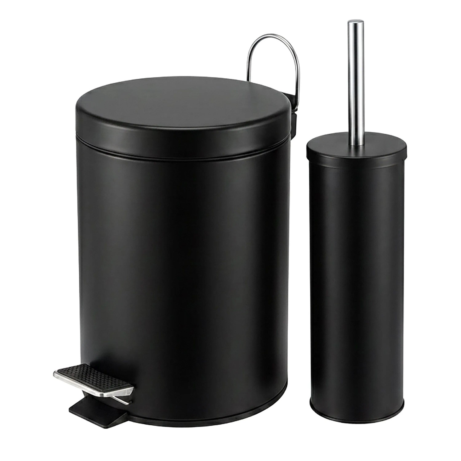 Relaxdays Badezimmer Set Stahl Kunststoff Edelstahl Schwarz 2-teilig Softclose 27,5 cm x ø 20,5 cm 38 cm x ø 9,5 cm