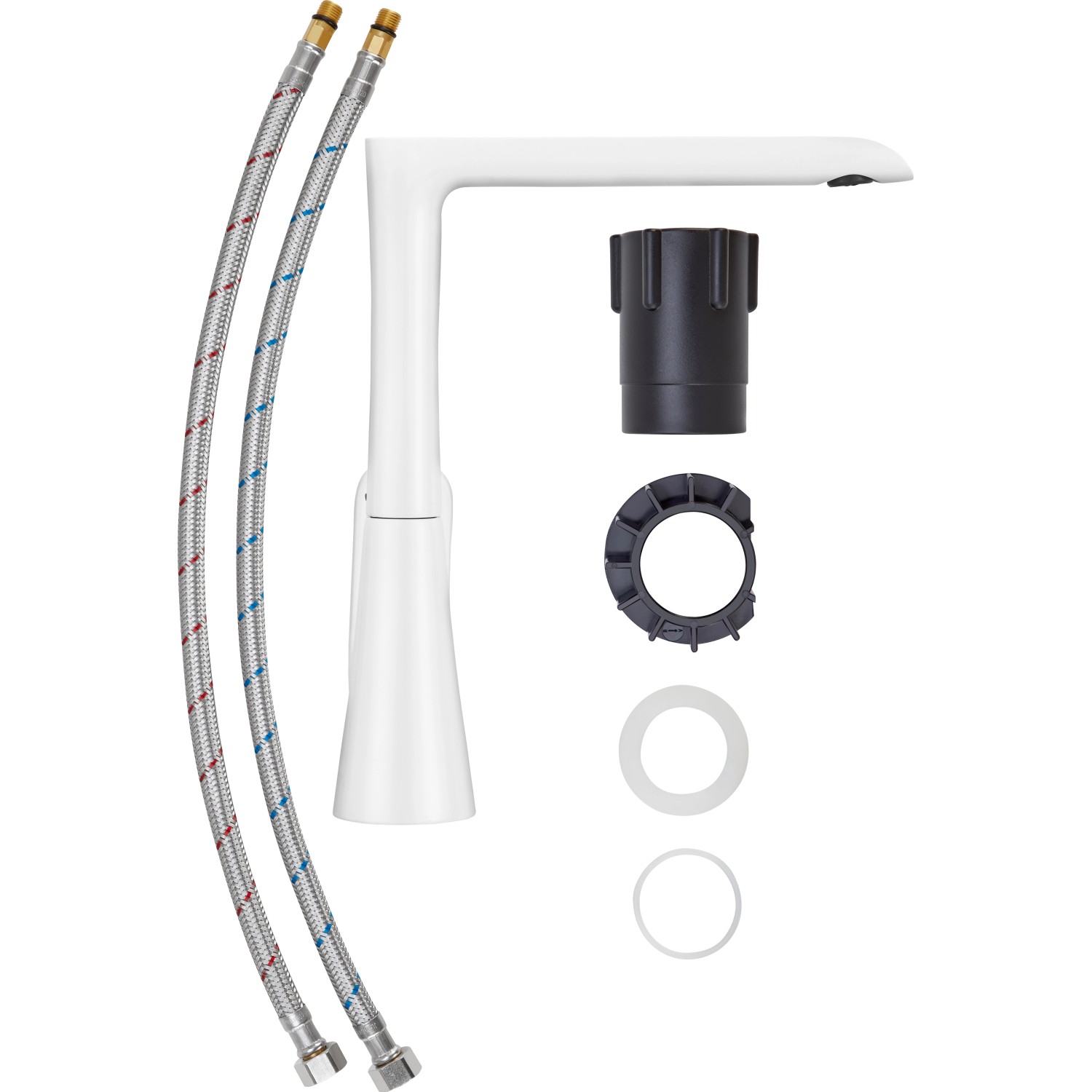 baliv Küchenarmatur KI-5070 Chrom-Weiß mit Zubehör und Anschlussschläuchen.