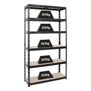 Schwarzes PROREGAL Schwerlastregal Giant Tiger XL mit 6 Ebenen und je 265 kg Fachlast.