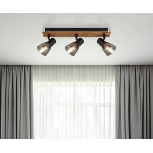 Globo Strahler Claude, 3-flammig, dunkelbraunes Holz, Rauchglas, modernes Design.