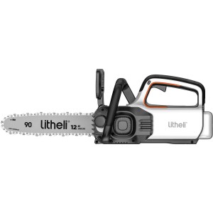 Litheli Akku-Kettensäge EGT050074 mit 2 Akkus. Kompakte Bauweise, weiß-schwarzes Design.