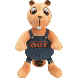 OBI Biber Plüschtier, orangefarben, mit Jeanslatzhose, 22 cm groß.