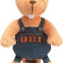 OBI Biber Plüschtier, orangefarben, mit Jeanslatzhose, 22 cm groß.