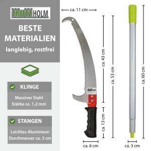 TRUTZHOLM Alu Astsäge mit Stiel, Teleskopsäge und Handsäge mit Maßen.