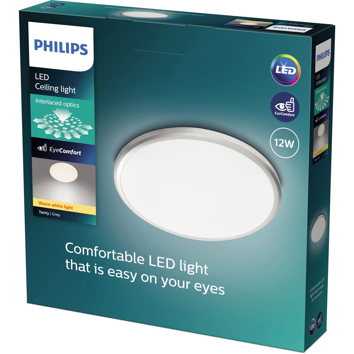 Verpackung der Philips LED-Deckenleuchte Twirly, 1200 lm, silberfarben. Runde Form, augenschonendes Licht.