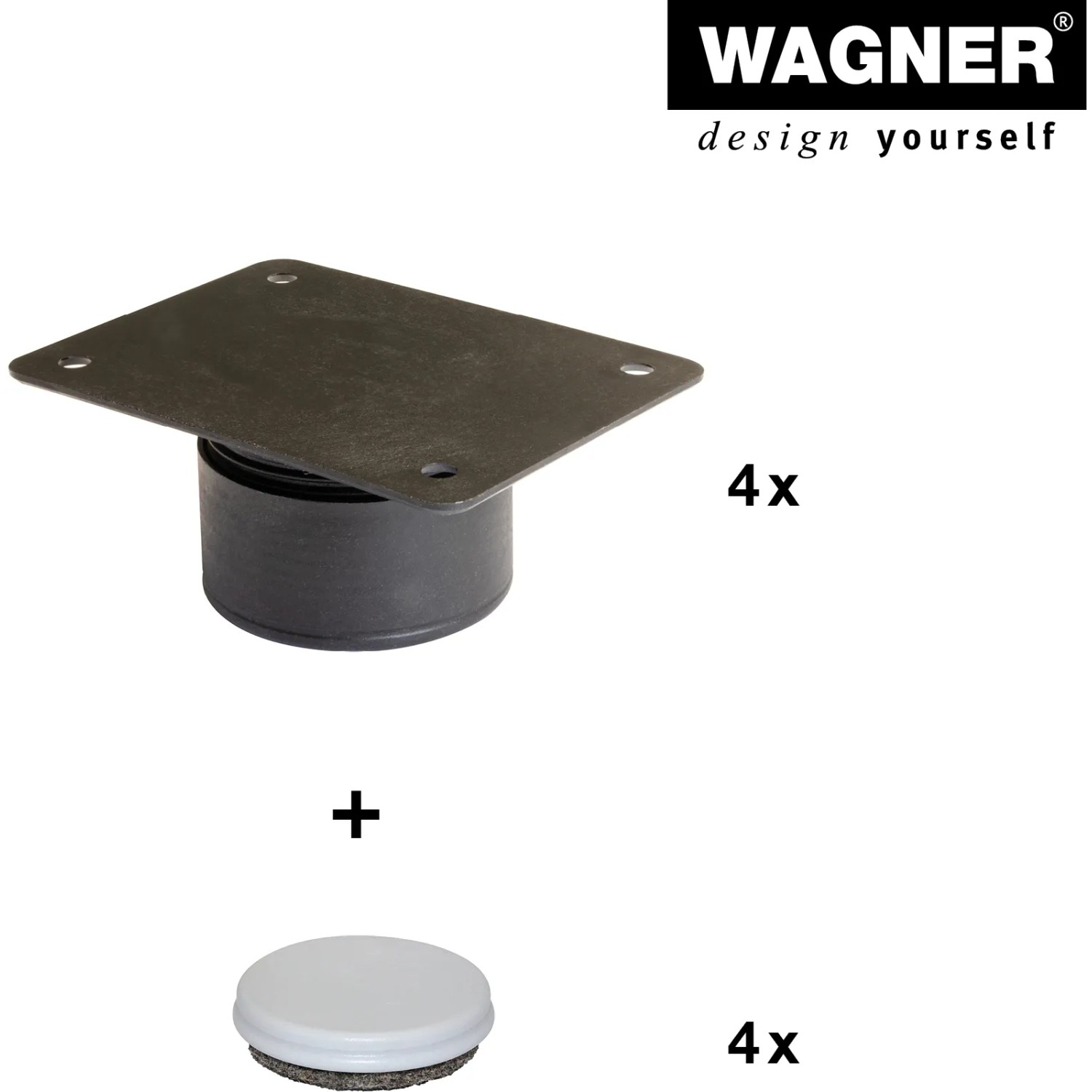 Wagner Möbelfuß Justus Lounge QuickClick 4er Set mit Anschraubplatte und Gleitaufsätzen.