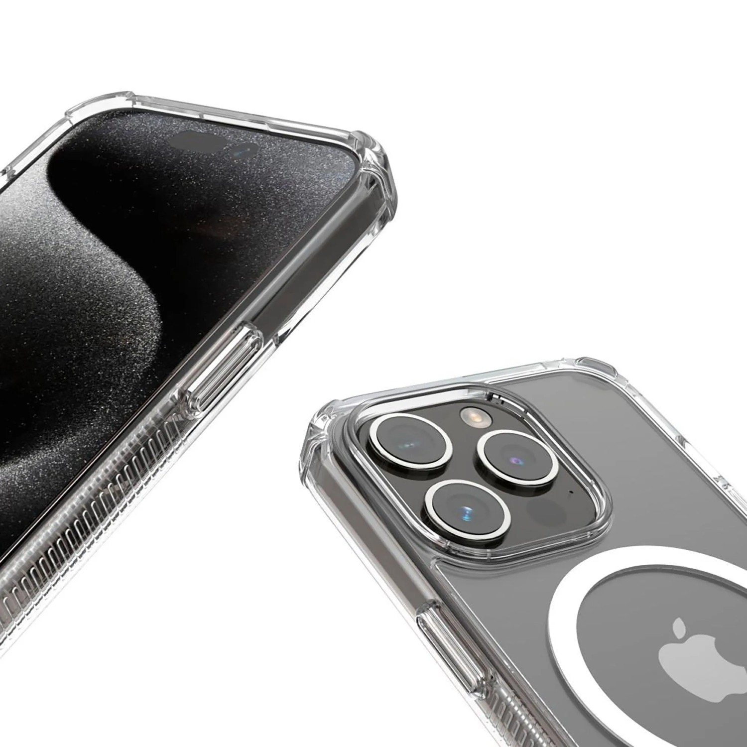 Transparente Hama MagCase Handyhülle für Apple iPhone 15, zeigt MagSafe Ring, verstärkte Ecken und Kameraschutz.