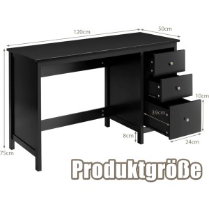 Schwarzer Costway Schreibtisch mit 3 Schubladen, Maße 120x50x75 cm, ideal für Büro oder Arbeitszimmer.