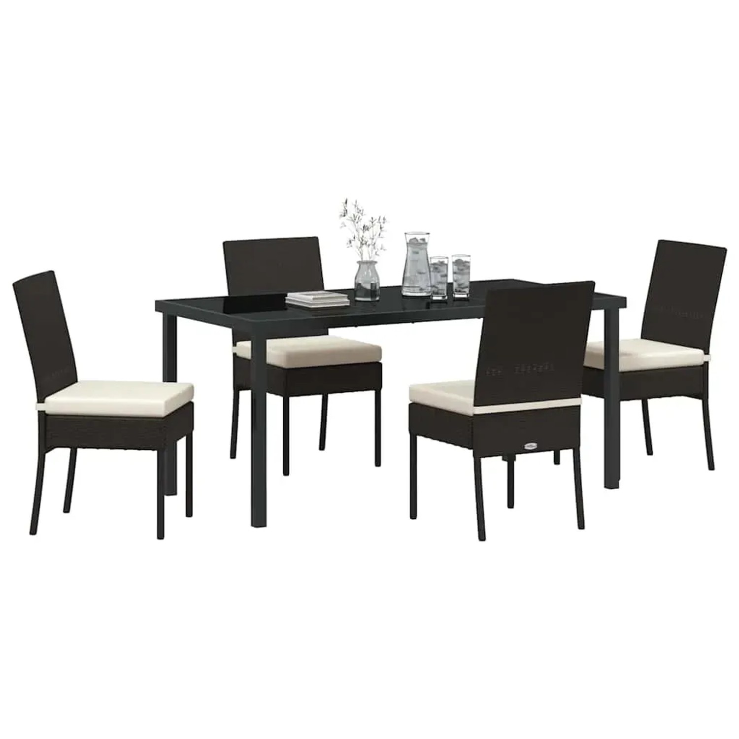 Schwarze 5-tlg. Garten Essgruppe aus Poly Rattan mit Tisch und vier Stühlen.