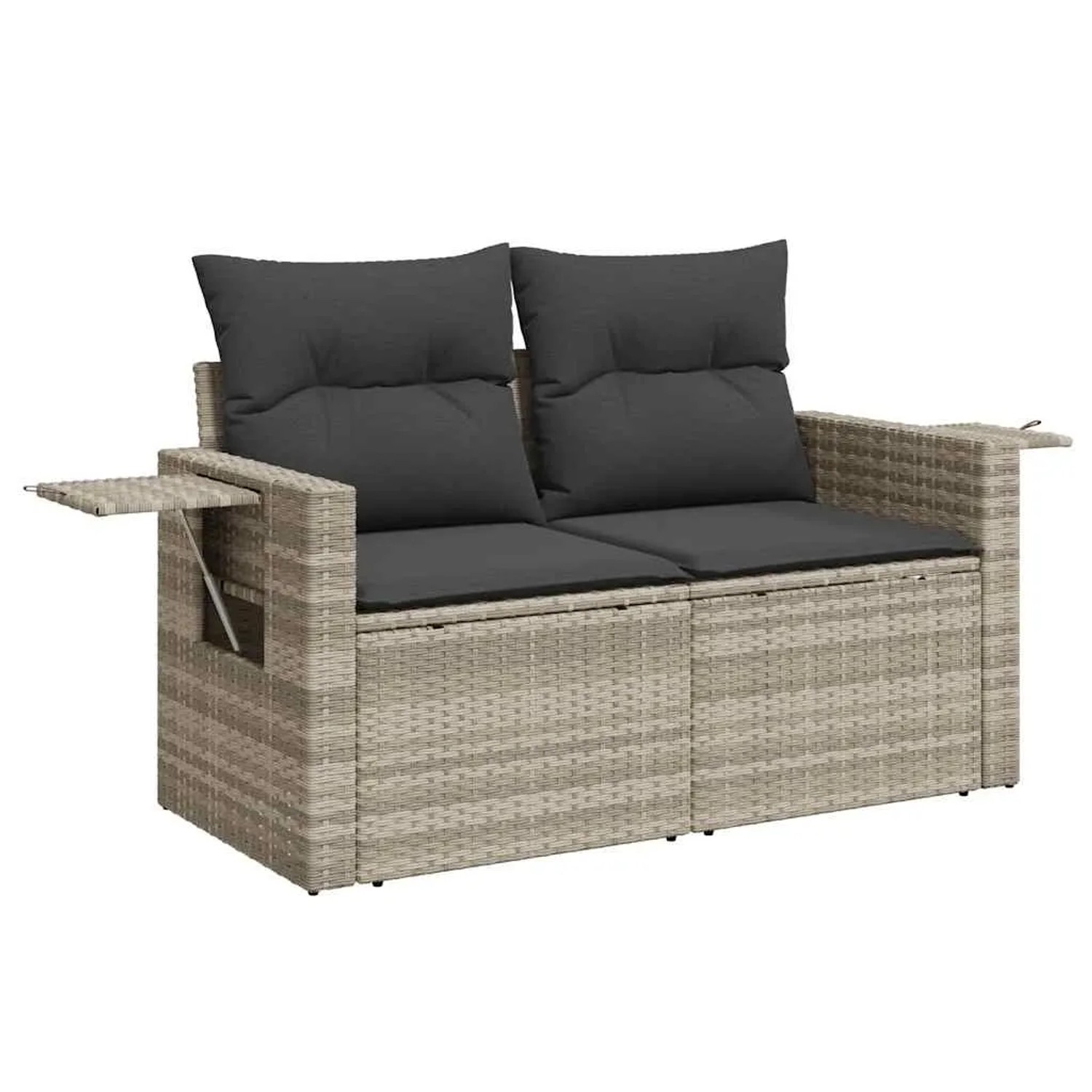 Hellgraue 8-tlg. Rattan Garten-Sofagarnitur mit dunklen Kissen und Stauraum.